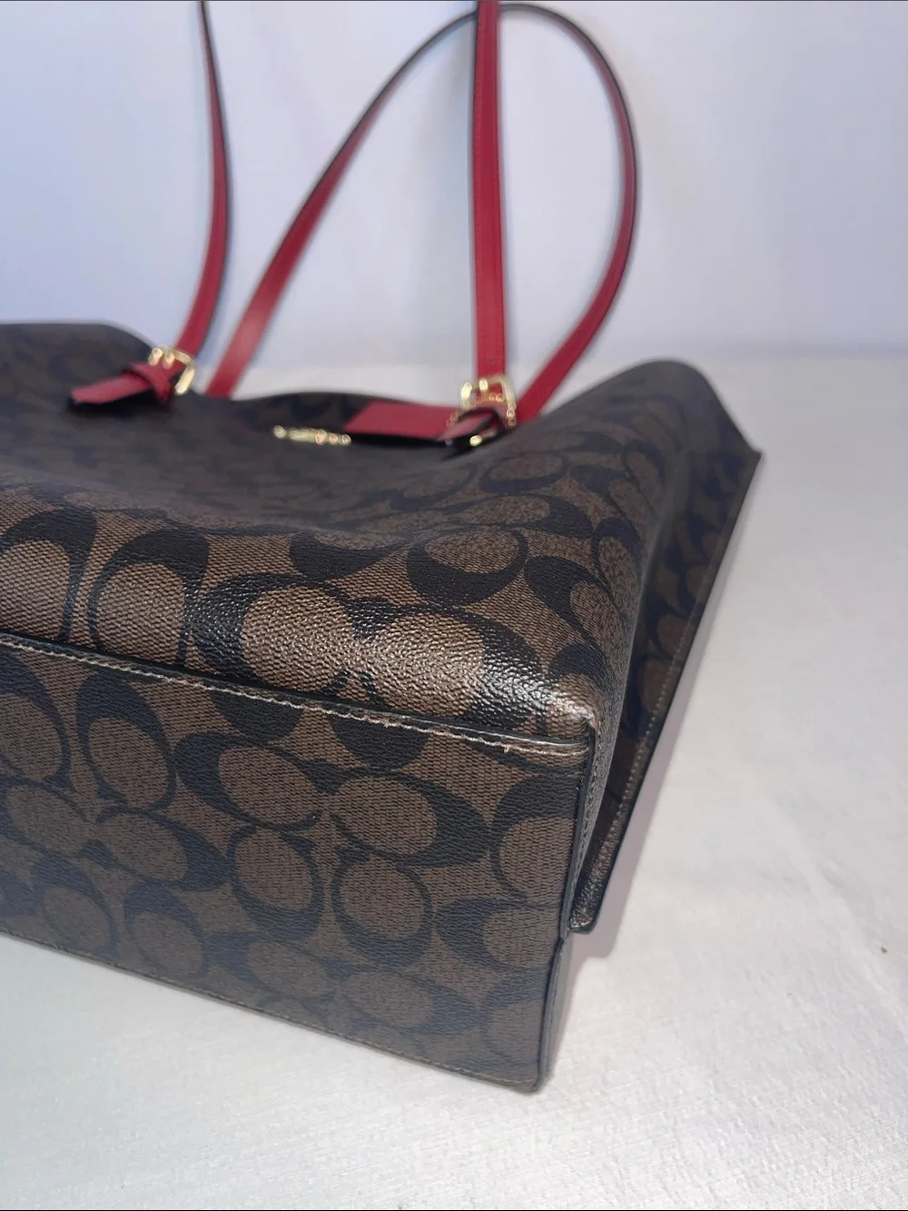 Coach Molly Tote L2377-1665 Signature Canvas Brown Red Leather